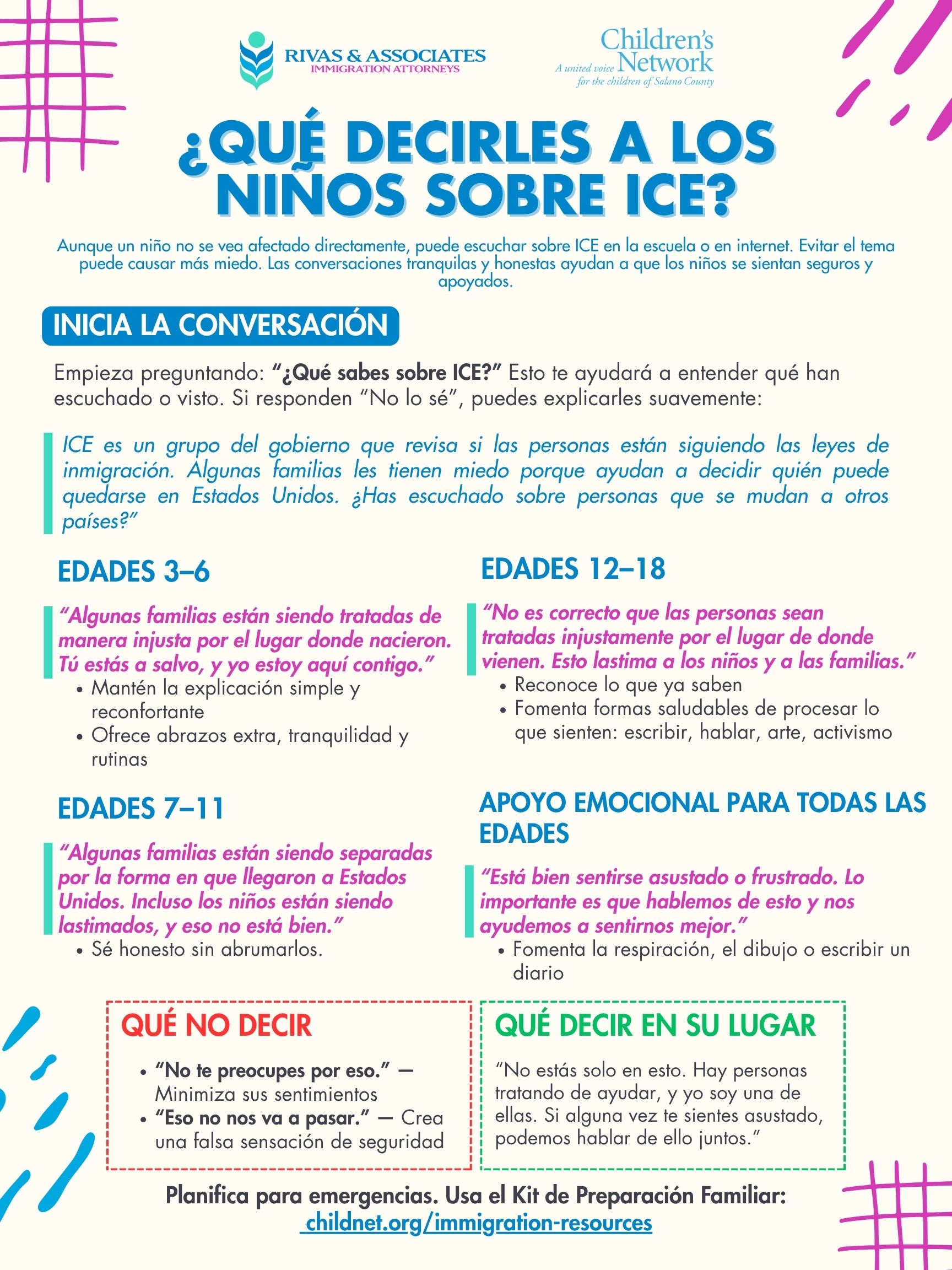 Guía de Rivas & Associates sobre qué decirles a los niños acerca de ICE, con guiones según la edad desde los 3 hasta los 18 años, qué no decir y qué decir en su lugar.